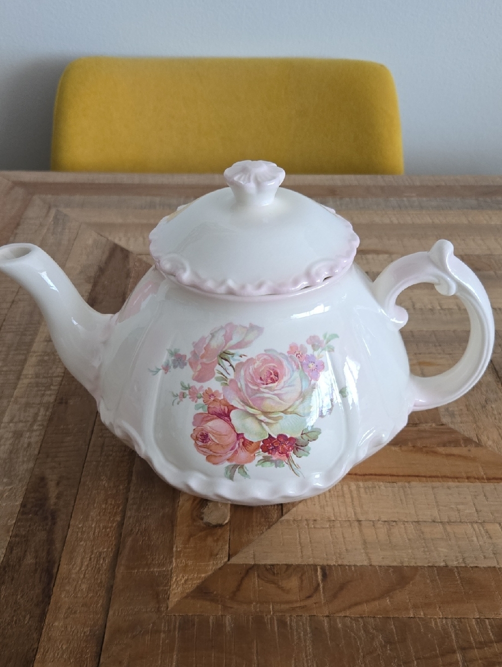 Floral White Porcelain Teapot with Pink Trim